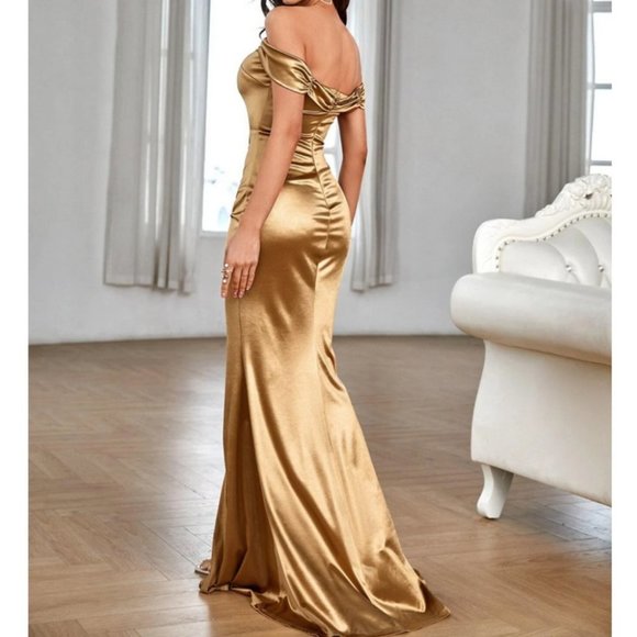 gold satin off shoulder split thigh dress elegant festive holiday party chic - Picture 4 of 9